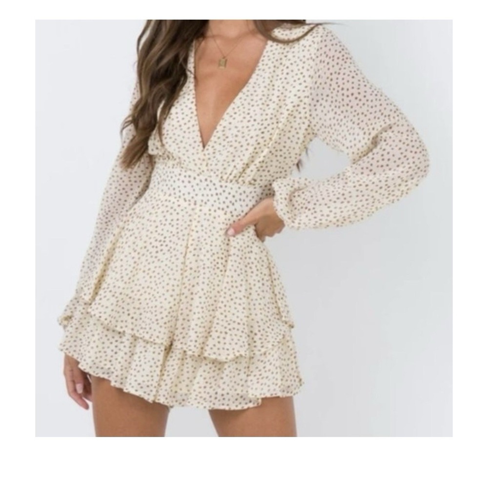 Japna Spring Polka Dot Ruffle Mini Dress Sz Large V-Neck Beige‎ Gold Long Sleeve